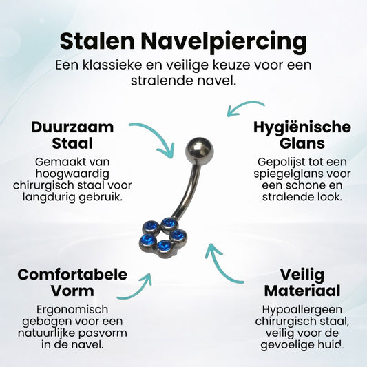 Stalen Navelpiercing met Saffierblauwe Zirkonia