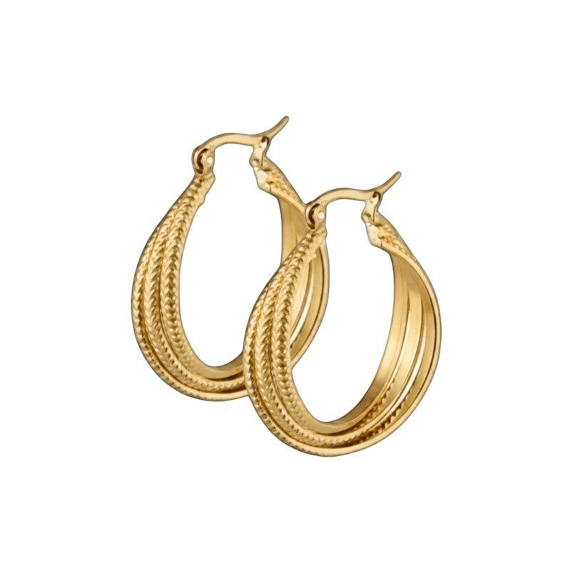 Aramat Jewels gold-tone stainless steel triple hoop earrings with a braided stripe pattern, 20x7.5mm.
