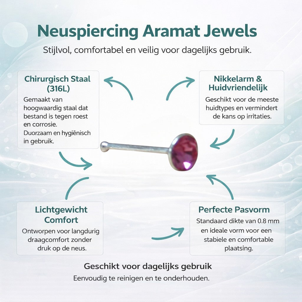 Aramat Jewels silver nose piercing with a 2mm round pink crystal stone. Straight design, suitable for sensitive skin.