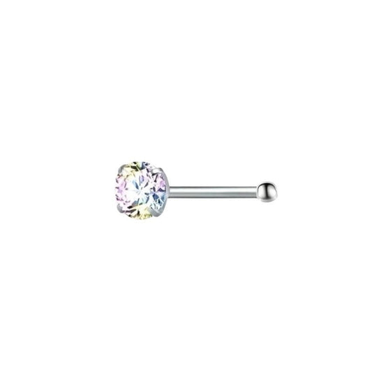 Aramat Jewels steel nose piercings with AB clear cubic zirconia in round, star, and heart shapes.