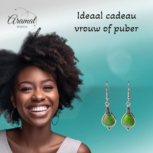 Boho Druppel Oorhangers – Groen Gemarmerde Steen – 52x15mm - oor6035 - Oorhangers kopen# - 50mm - alles - bali