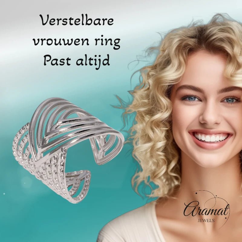 Brede Damesring Verstelbaar β Open Ring met Lijnen β 23 mm - ring342 - Ringen kopen# - Zilverkleur - alles - boho
