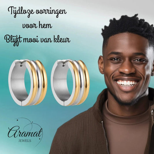 Klapcreolen – RVS Bicolor Goudkleur & Zilverkleur Strepen (13mm) - Aramat Jewels - Oorringen - cadeautip
