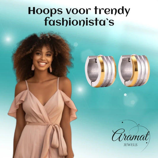 mini Oorringen – Staal Bicolor Strepen Mat (13mm) - Aramat Jewels - Oorringen - cadeautip
