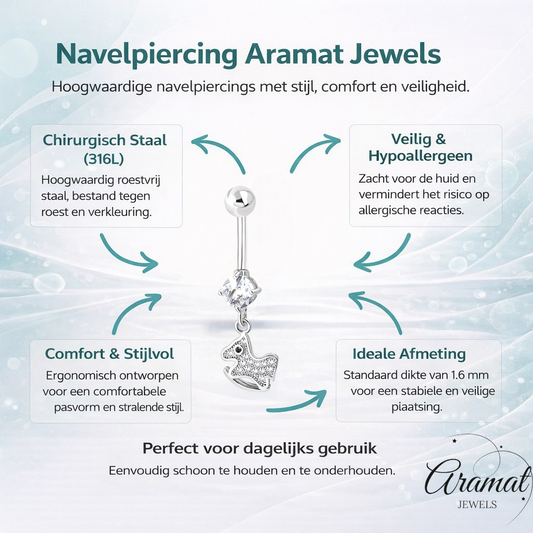 Zilverkleurige Navelpiercing met Paard Hanger met Zirkonia