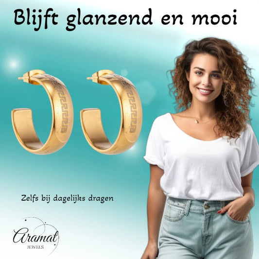 Oorbellen – 22mm Half - Hoop Grieks Motief RVS Goudkleur Dame - Aramat Jewels - Oorringen - cadeautip