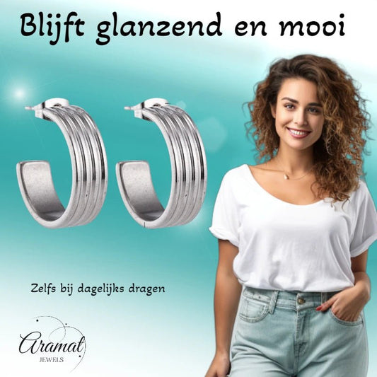 Oorbellen – 23mm Hoepel Creool 4 Lijnen RVS Zilverkleur Unisex - Aramat Jewels - Oorringen - cadeautip