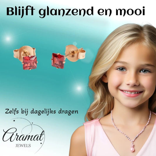 Oorbellen – RVS Roségoudkleur met Rode Vierkante Zirkonia (4mm) - Aramat Jewels - Oorbellen - cadeautip