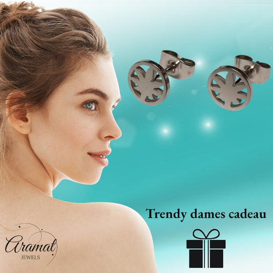 Oorbellen – RVS Weedblad (8mm) Zilverkleurig - Aramat Jewels - Oorbellen - cadeautip