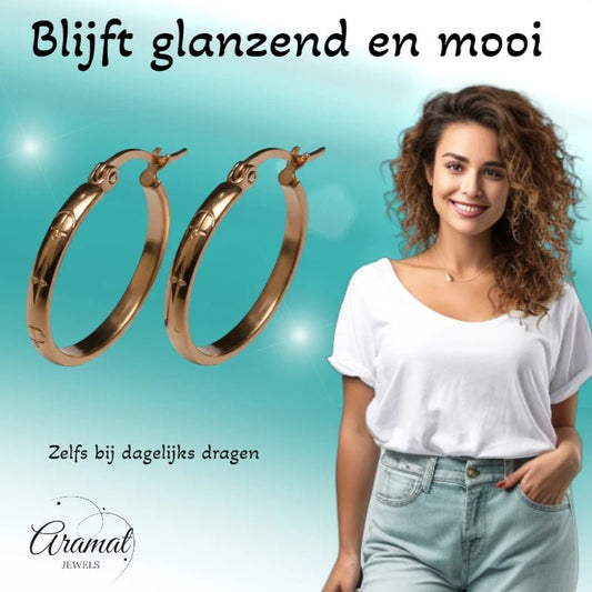 Oorringen – 25mm Creool Anker & Ster Motief RVS Roségoudkleur Dames - Aramat Jewels - Oorbellen - cadeautip