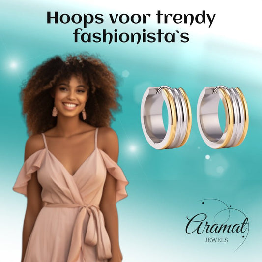 Oorringen – Staal Bicolor Drie Strepen (20mm) - Aramat Jewels - Oorringen - cadeautip