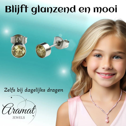 Oorstekers – Staal Kristal Geel Zilverkleur (5mm) - Aramat Jewels - Oorbellen - cadeautip