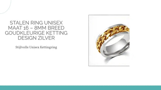 Stalen Ring Unisex Maat 16 – 8mm Breed Goudkleurige Ketting Design Zilver by@Outfy