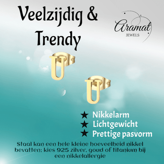 RVS Letter U Oorbellen Goudkleurig – Initiaal - Aramat Jewels - Oorbellen - cadeautip