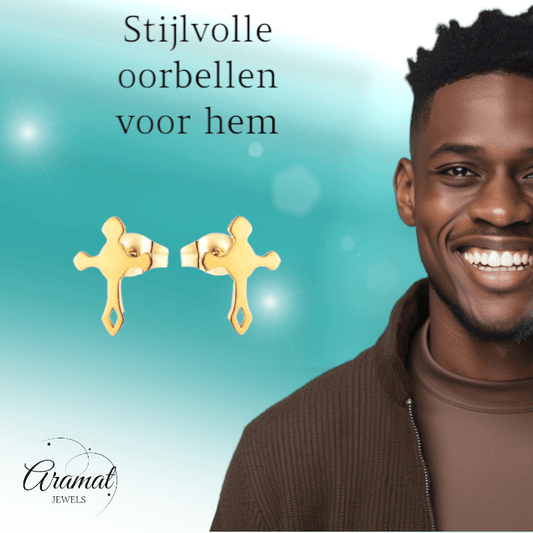 Stalen Hartjes Oorbellen met kruisje – Goudkleur – 11x7mm - Aramat Jewels - Oorbellen - cadeautip