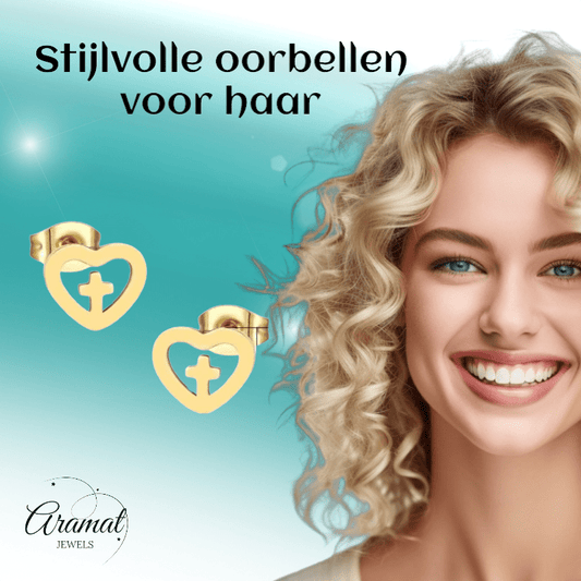 Stalen Hartjes Oorbellen met kruisje – Goudkleur – 9mm - Aramat Jewels - Oorbellen - cadeautip