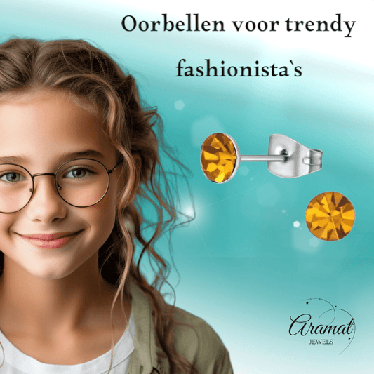 Stalen Kristal Oorbellen met topaas oranje steentje – Zilverkleur – 5mm - Aramat Jewels - Oorbellen - cadeautip