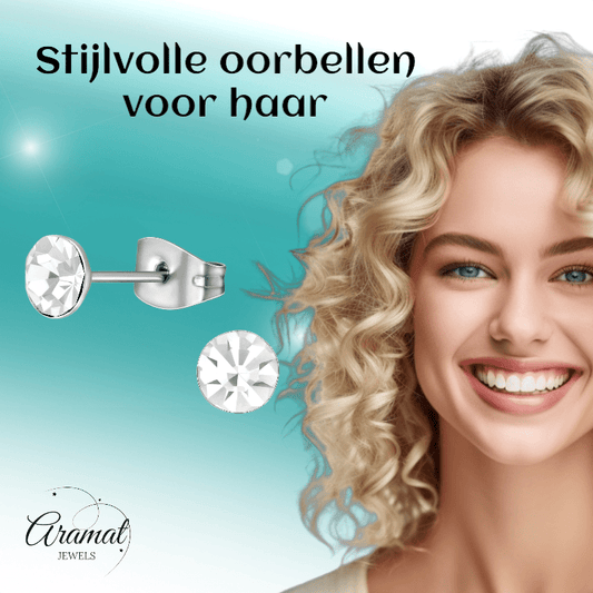Stalen Kristal Oorbellen met transparant steentje – Zilverkleur – 5mm - Aramat Jewels - Oorbellen - cadeautip