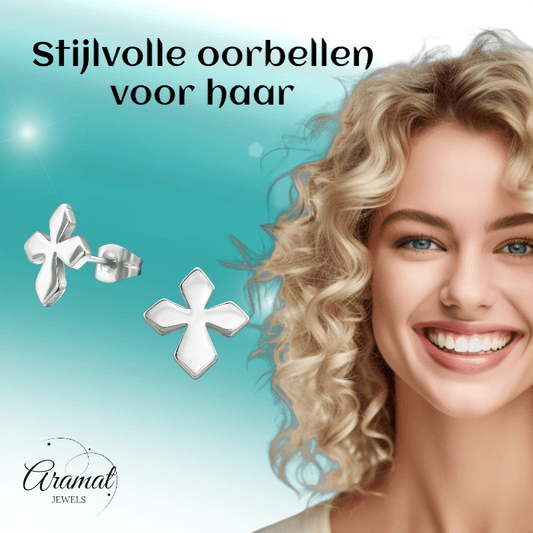 Stalen Oorbellen met kruisje – Zilverkleur – 12x11mm - oor3340 - 28851 - Oorbellen kopen# - 12mm - alles - cadeau