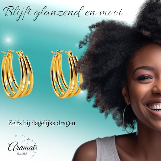 Triple Oorringen RVS Goudkleurig – 26x18mm – Ovale Creolen met Open Design - oor6311 - 558997 - Oorringen kopen# - 26mm - alles - cadeau