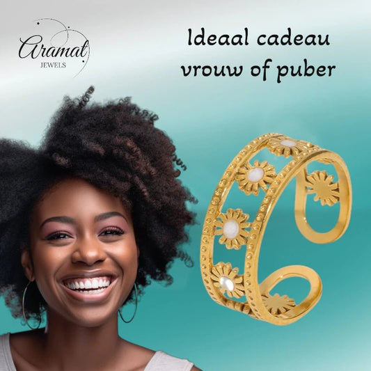 Verstelbare RVS Ring met Emaille Bloemen - Goudkleur (7 mm) - Aramat Jewels - Ringen - cadeautip