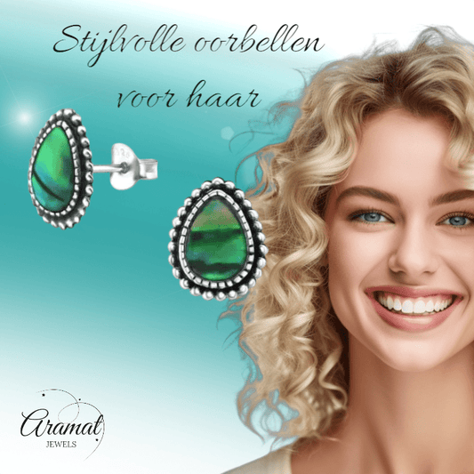 Zilveren Groen Abalone Oorbellen 12x9 mm - oor1721 - 30901 - Oorbellen kopen# - 12mm - 925 Zilver - Abalone