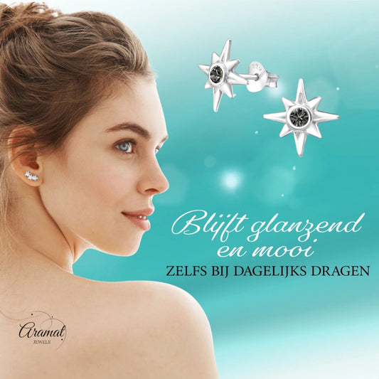 Zilveren Ishtar Ster Oorbellen - Black Diamond Kristal - oor749 - 32769 - Oorbellen kopen# - 11mm - 925 Zilver