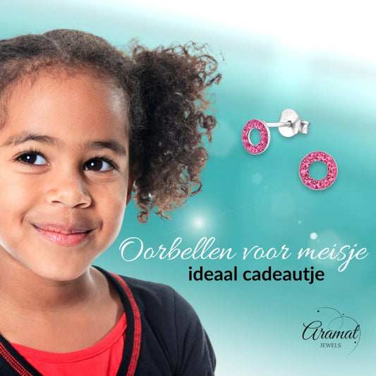Zilveren open cirkel oorbellen roze kristal - Aramat Jewels - Oorbellen - cadeautip