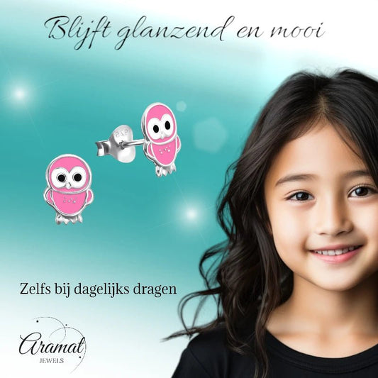Zilveren Uiltjes Oorbellen Meisje – 925 Zilver – Roze Emaille – 9x6mm – Oorstekers Kind - oor313 - 15956 - Oorbellen kopen# - 925 Zilver - 9mm - alles