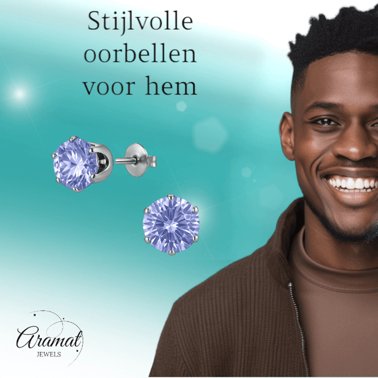 Zilverkleurige Zirkonia Oorbellen 8mm Lila - Aramat Jewels - Oorbellen - cadeautip