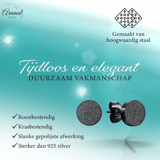 Zwarte RVS Oorstekers Mat 7mm Sandblasted - Aramat Jewels - Oorbellen - cadeautip