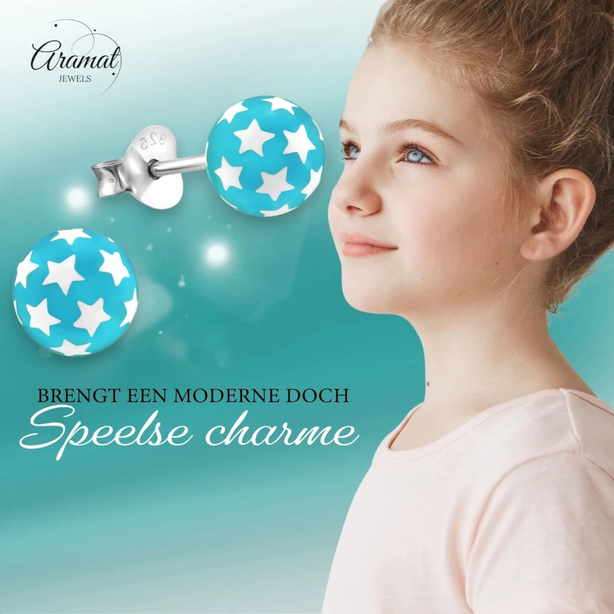 925 Sterling Zilveren Bolletjes Oorknopjes Blauw met Witte Sterretjes 6mm - Aramat Jewels - Oorbellen - cadeautip