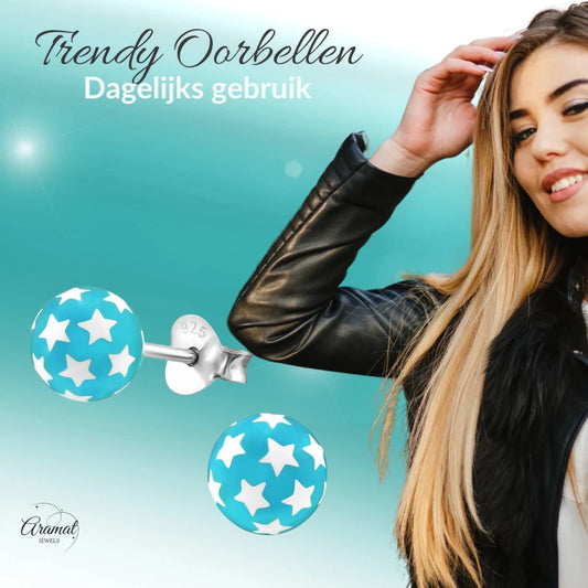 925 Sterling Zilveren Bolletjes Oorknopjes Blauw met Witte Sterretjes 6mm - Aramat Jewels - Oorbellen - cadeautip