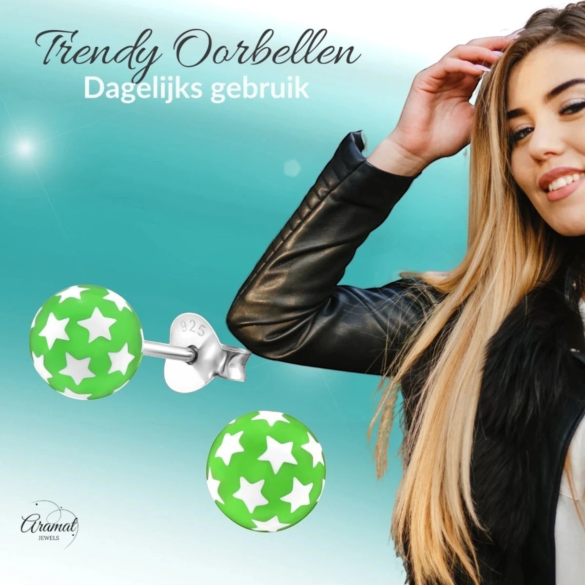 925 Sterling Zilveren Bolletjes Oorknopjes Groen met Witte Sterretjes 6mm - Aramat Jewels - Oorbellen - cadeautip