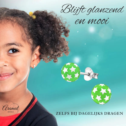 925 Sterling Zilveren Bolletjes Oorknopjes Groen met Witte Sterretjes 6mm - Aramat Jewels - Oorbellen - cadeautip