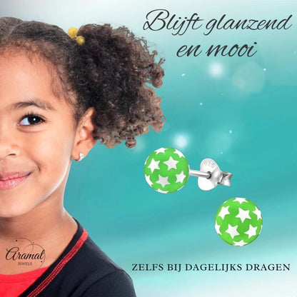 925 Sterling Zilveren Bolletjes Oorknopjes Groen met Witte Sterretjes 6mm - Aramat Jewels - Oorbellen - cadeautip