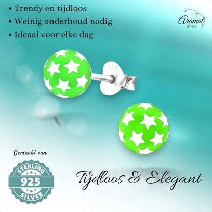 925 Sterling Zilveren Bolletjes Oorknopjes Groen met Witte Sterretjes 6mm - Aramat Jewels - Oorbellen - cadeautip