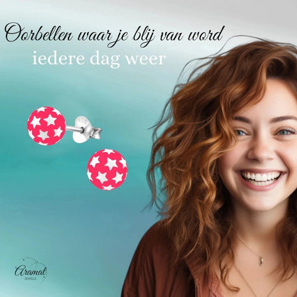 925 Sterling Zilveren Bolletjes Oorknopjes Roze met Witte Sterretjes 6mm - Aramat Jewels - Oorbellen - cadeautip