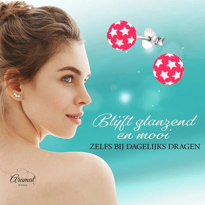 925 Sterling Zilveren Bolletjes Oorknopjes Roze met Witte Sterretjes 6mm - Aramat Jewels - Oorbellen - cadeautip