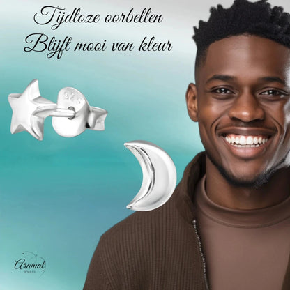 925 Sterling Zilveren Ster en Maan Oorknopjes 6x5mm - Aramat Jewels - Oorbellen - cadeautip