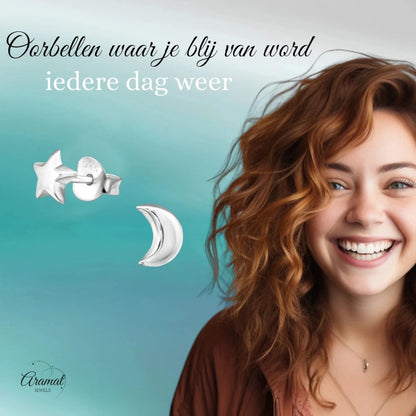 925 Sterling Zilveren Ster en Maan Oorknopjes 6x5mm - Aramat Jewels - Oorbellen - cadeautip