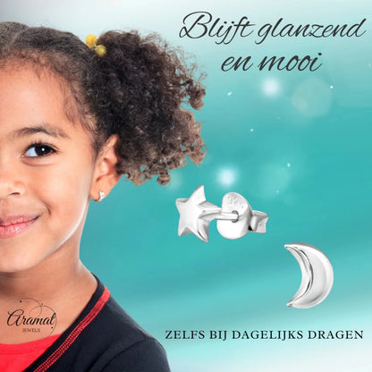 925 Sterling Zilveren Ster en Maan Oorknopjes 6x5mm - Aramat Jewels - Oorbellen - cadeautip