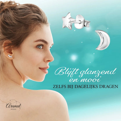 925 Sterling Zilveren Ster en Maan Oorknopjes 6x5mm - Aramat Jewels - Oorbellen - cadeautip