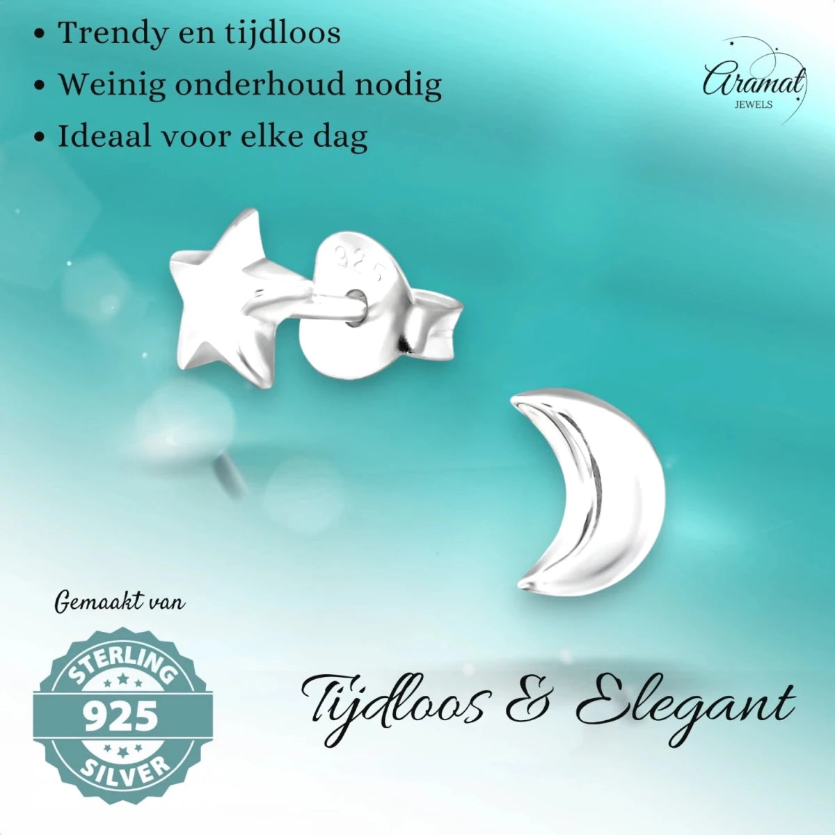 925 Sterling Zilveren Ster en Maan Oorknopjes 6x5mm - Aramat Jewels - Oorbellen - cadeautip