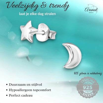 925 Sterling Zilveren Ster en Maan Oorknopjes 6x5mm - Aramat Jewels - Oorbellen - cadeautip