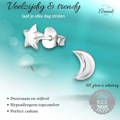 925 Sterling Zilveren Ster en Maan Oorknopjes 6x5mm - Aramat Jewels - Oorbellen - cadeautip