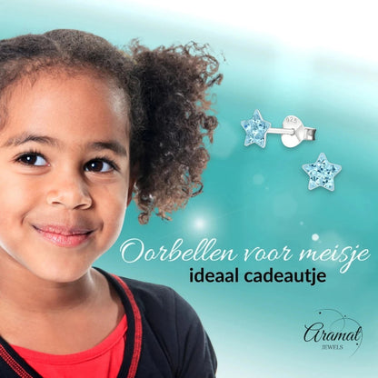 925 Sterling Zilveren Sterretjes Oorknopjes met Blauw Kristal 5mm - Aramat Jewels - Oorbellen - cadeautip