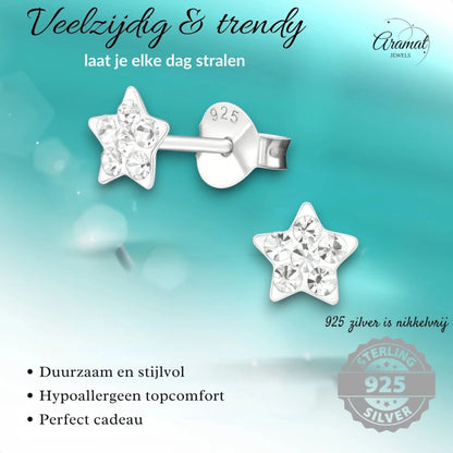 925 Sterling Zilveren Sterretjes Oorknopjes met Transparant Kristal 5mm - Aramat Jewels - Oorbellen - cadeautip