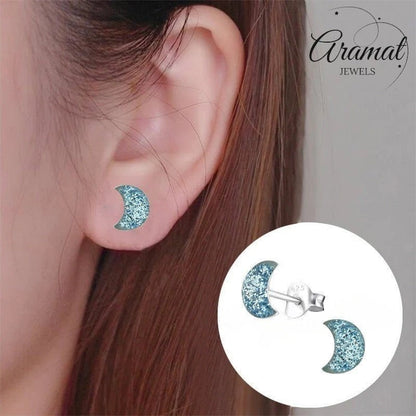 925 Zilveren Kinderoorbellen Blauwe Glitter Maan 6x3mm - Aramat Jewels - Oorbellen - cadeautip