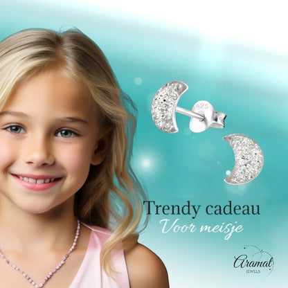 925 Zilveren Kinderoorbellen Transparante Glitter Maan 6x3mm - Aramat Jewels - Oorbellen - cadeautip